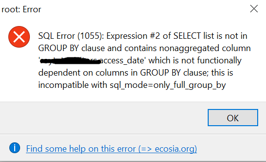 select list is not in GROUP BY clause and contains nonaggregated column 1055