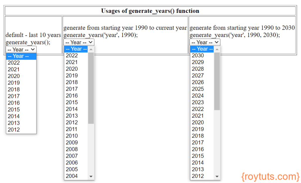 php generate years