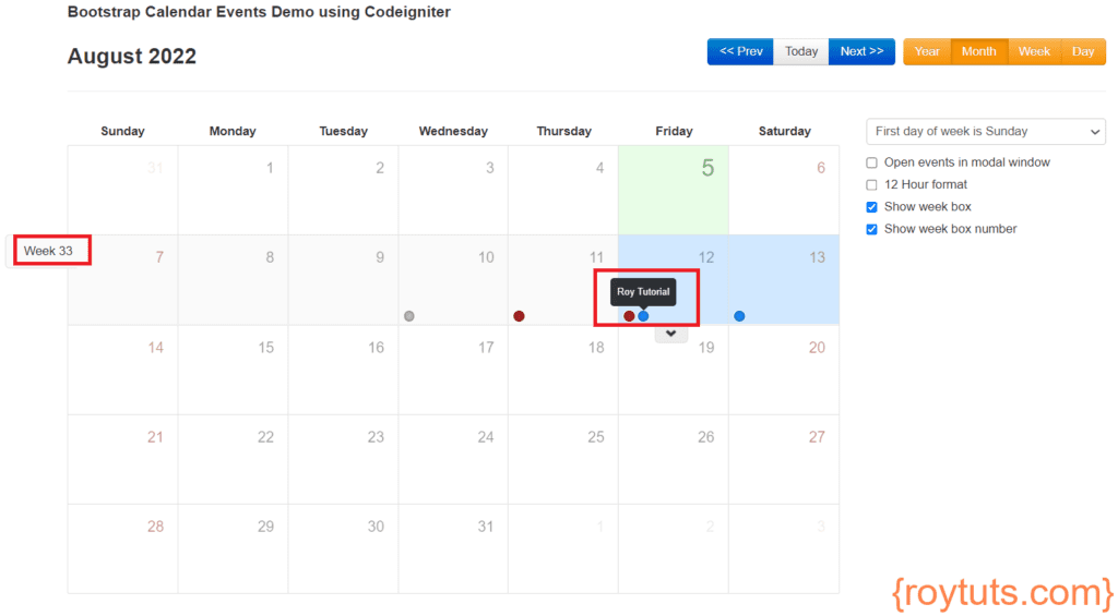 Bootstrap Calendar Events Demo using Codeigniter